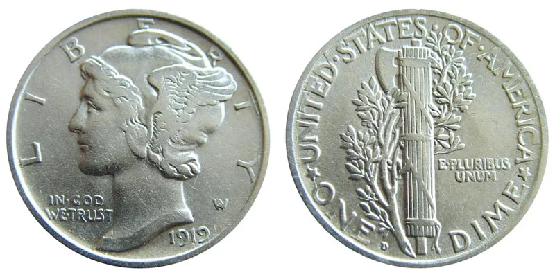 1919-D Mercury dime obverse and reverse hero shot showing Winged Liberty portrait and fasces design