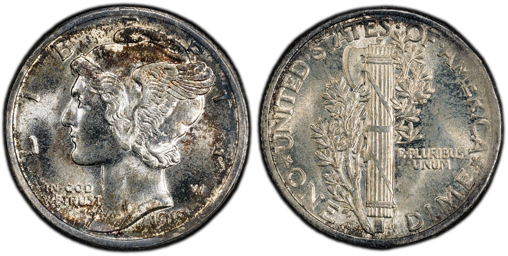 Side-by-side comparison of 1919-D Mercury dime weak strike bands (left) versus Full Bands (right)