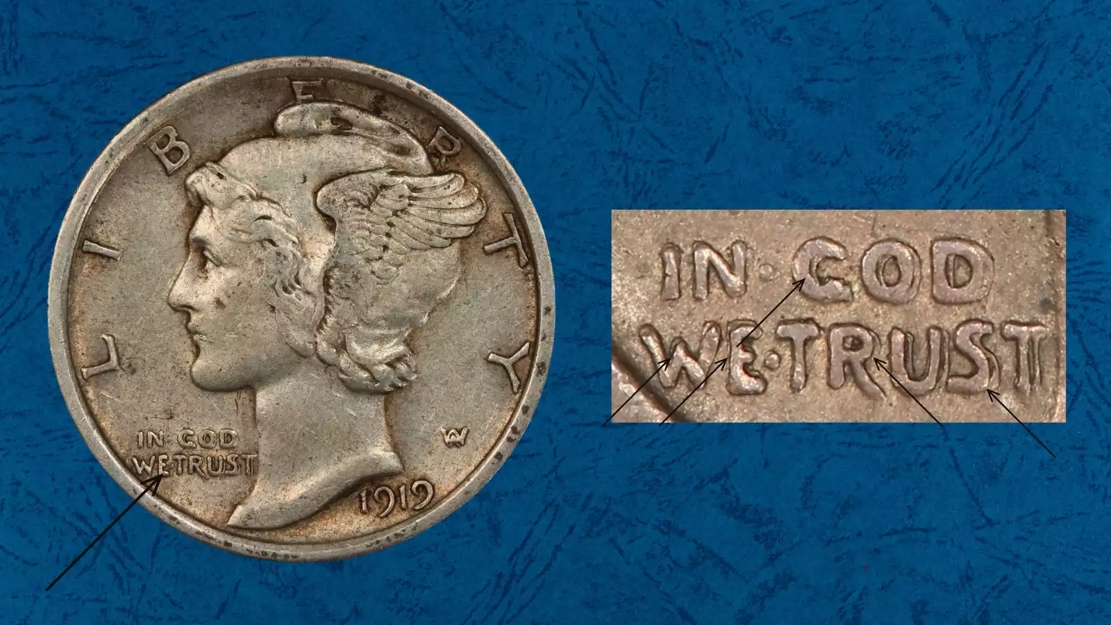 1919 Mercury dime DDO FS-101 doubled die obverse showing doubling on IN GOD WE TRUST