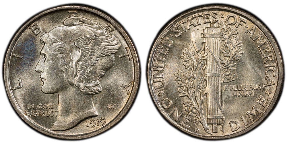 1919-D Mercury dime reverse showing Full Bands detail on fasces compared to weakly struck bands