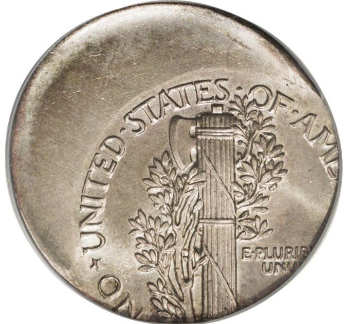 1919 Mercury dime off-center strike error showing blank planchet edge and shifted design
