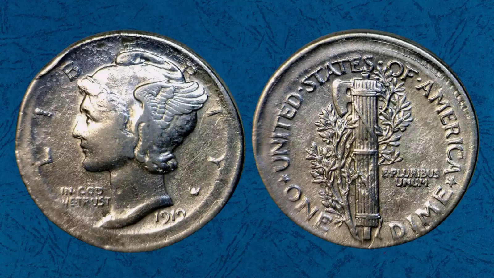1919 Mercury dime broadstrike error showing enlarged diameter, plain edge, and full design