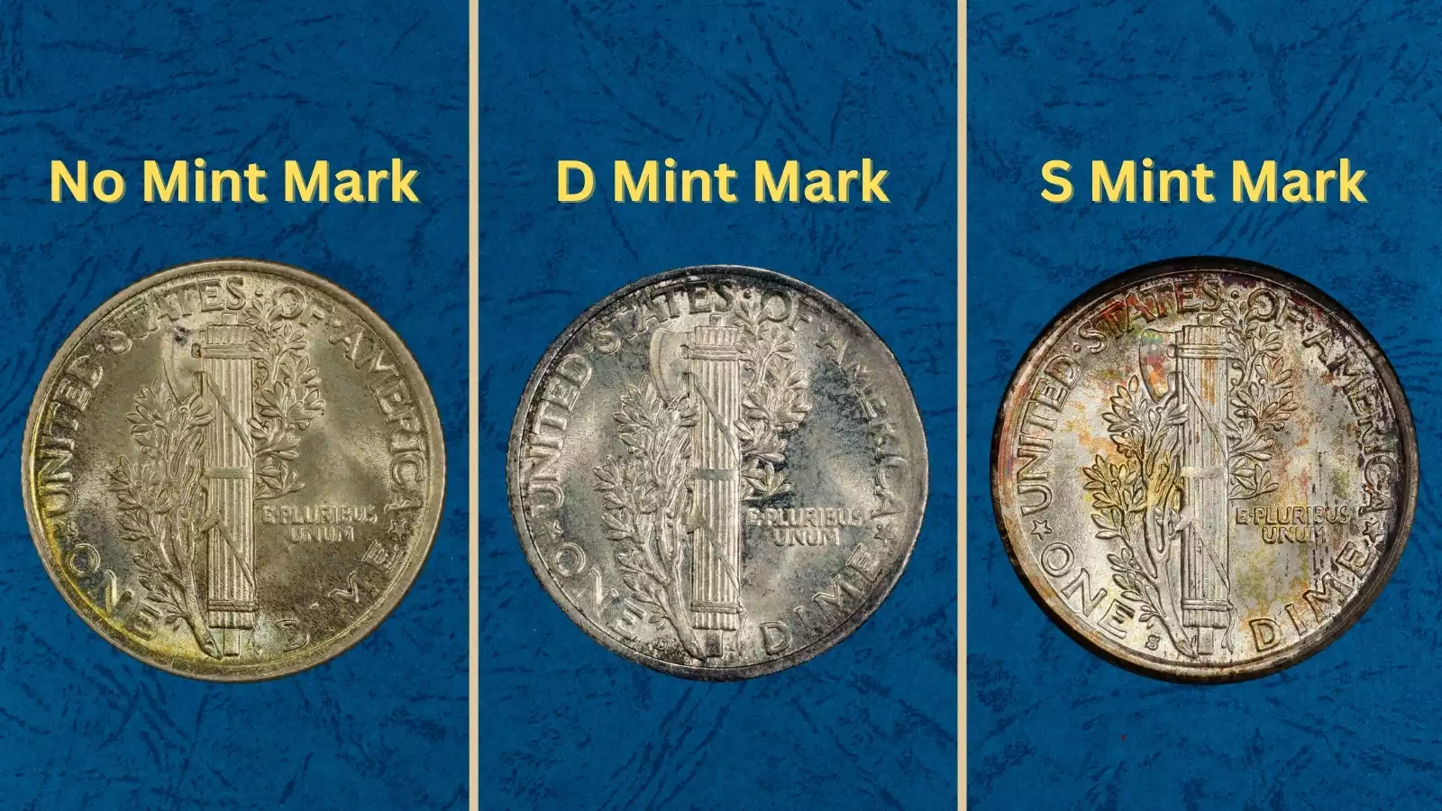 1919 Mercury dime mintage reference — all three mint varieties (Philadelphia, Denver, San Francisco) group shot