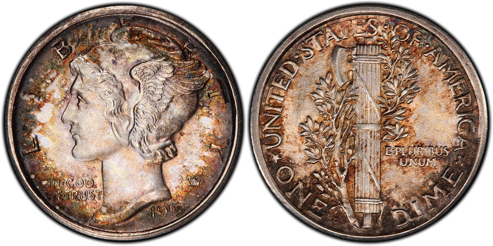 1919 Mercury dime grading strip showing four condition tiers from Good to Gem Uncirculated